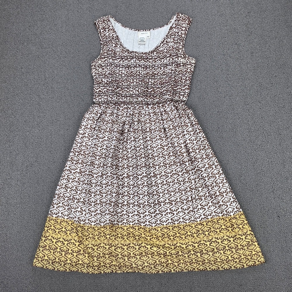 Sophie Max Womens XS Brown White Damask Smocked‎ Cotton Dress Yellow Hem